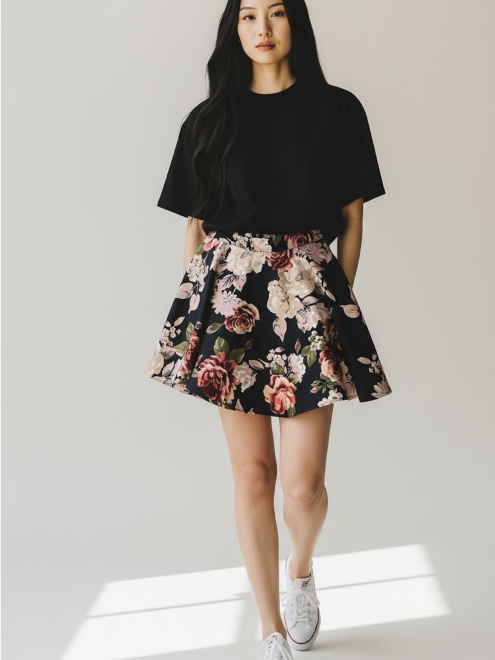 City Triangles Black Floral Circle Skirt